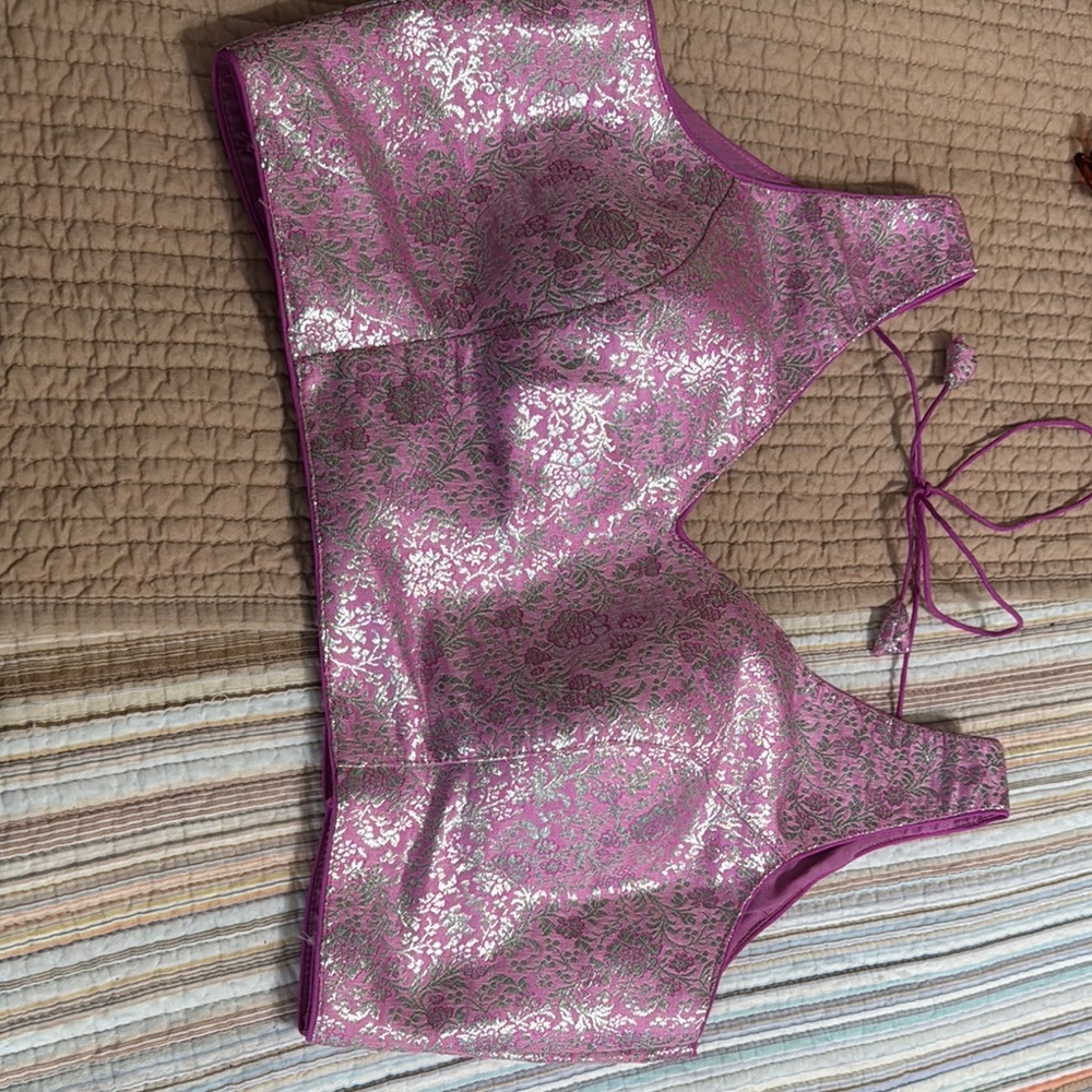Metallic Pink Brocade Saree Blouse Padded New